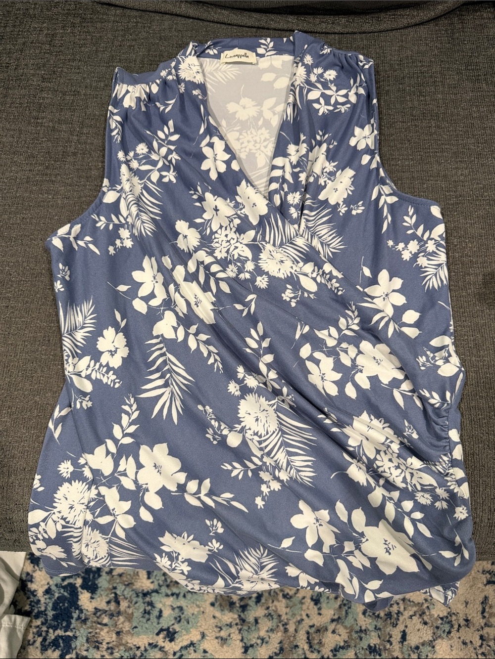 Loveappella Blue and White Floral wrap front Tank Top